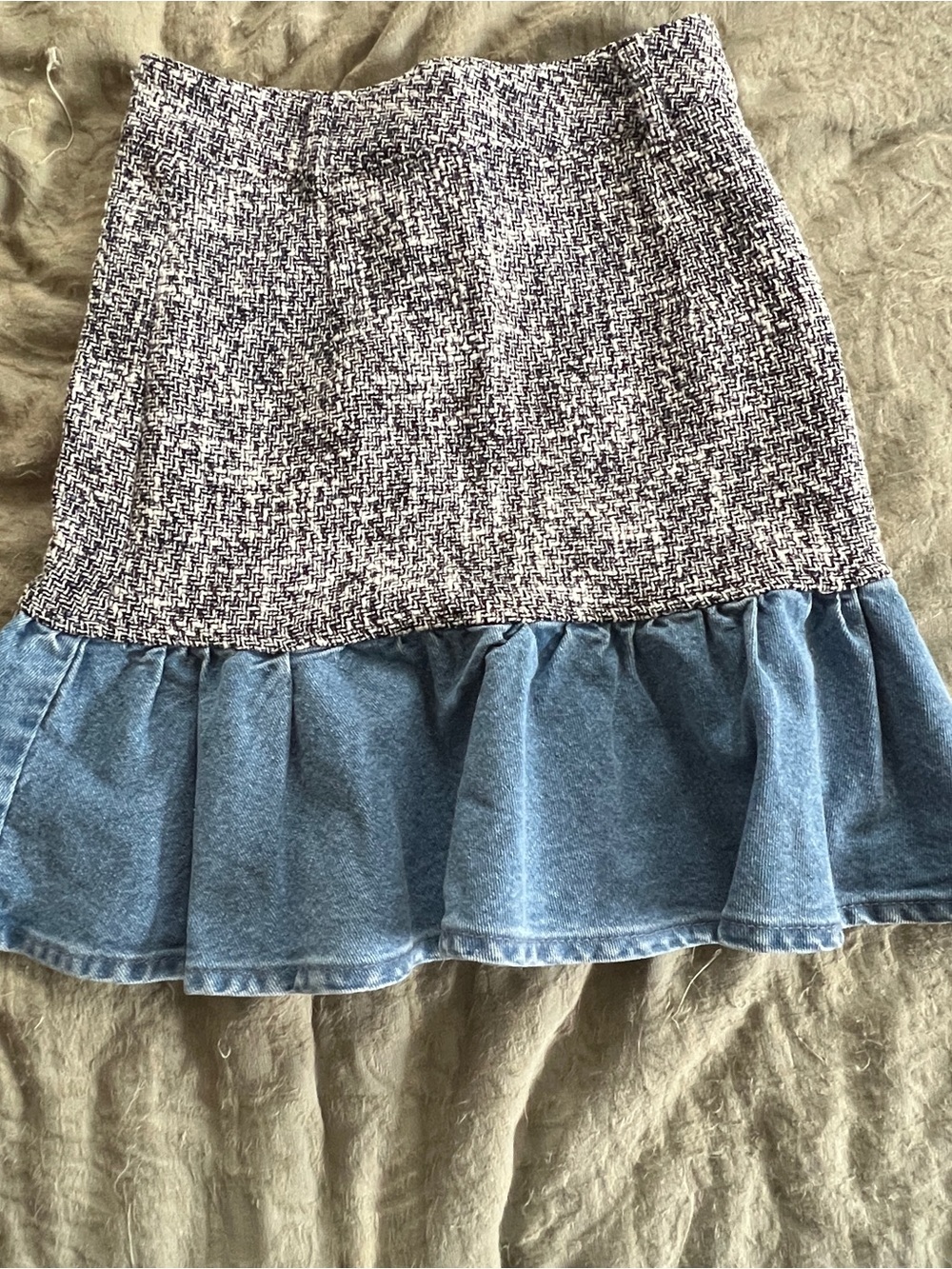Zara Black-and-White Tweed Mini Skirt with Blue Denim Ruffle
